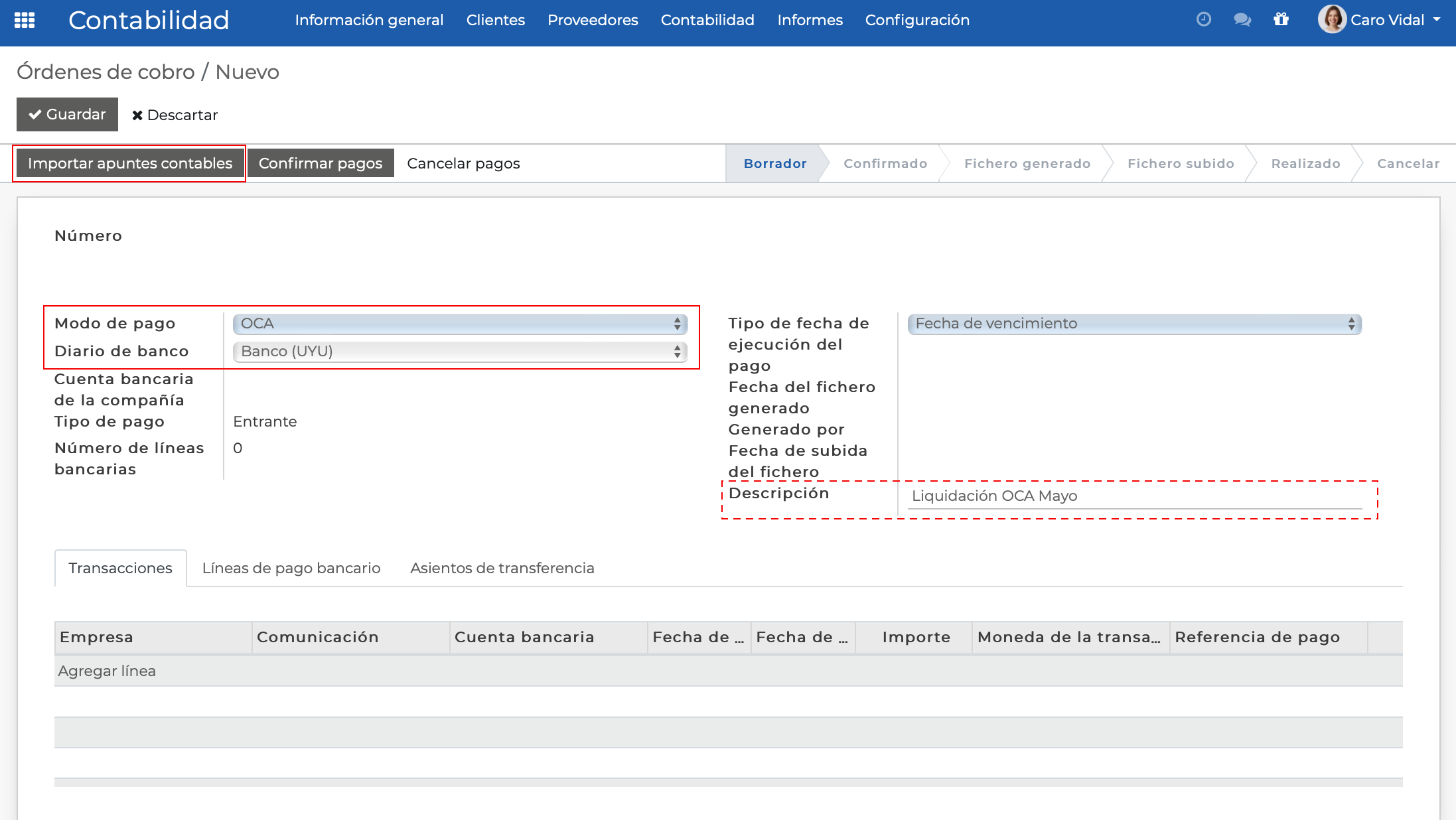 Imagen 4: Creación de orden de cobro