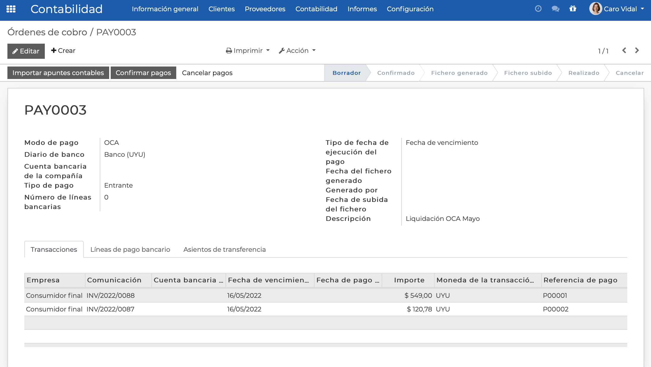 Imagen 8: Orden de cobro en borrador