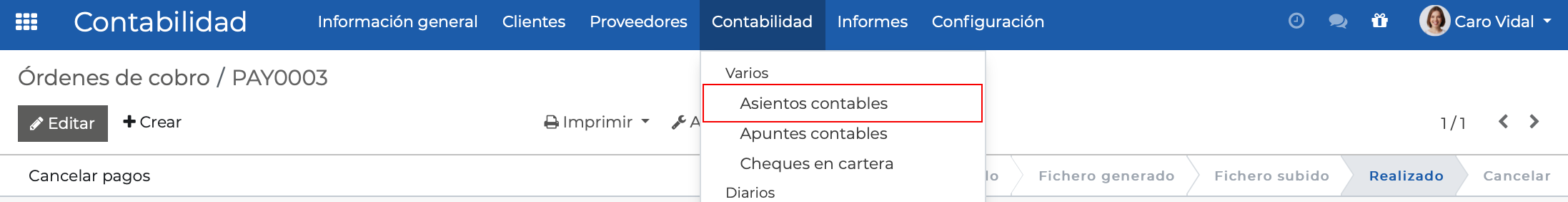 Imagen 15: Selección de asientos contables desde el menú Contabilidad