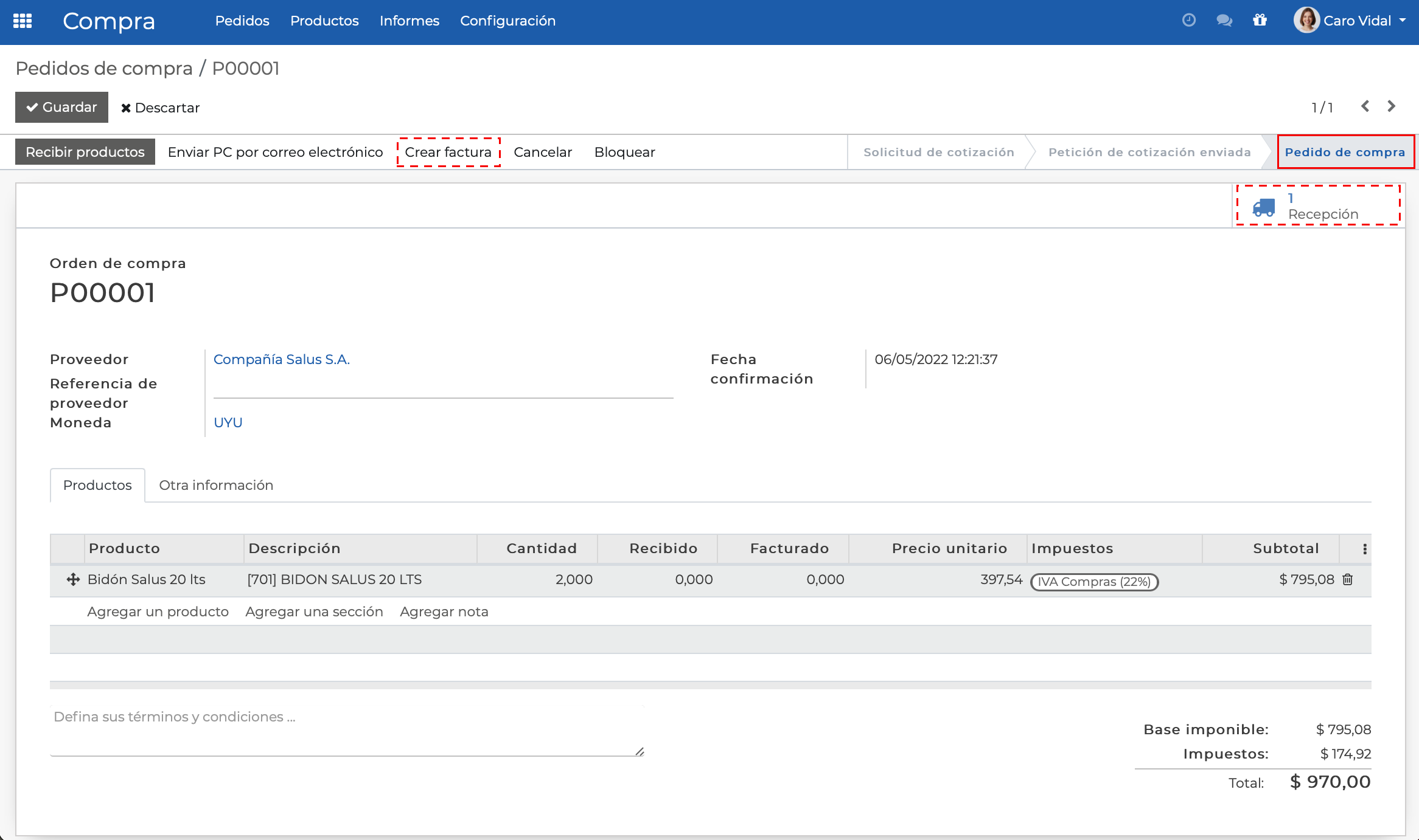 Imagen 8: Pedido de Compra enviado y listo para ser recibido