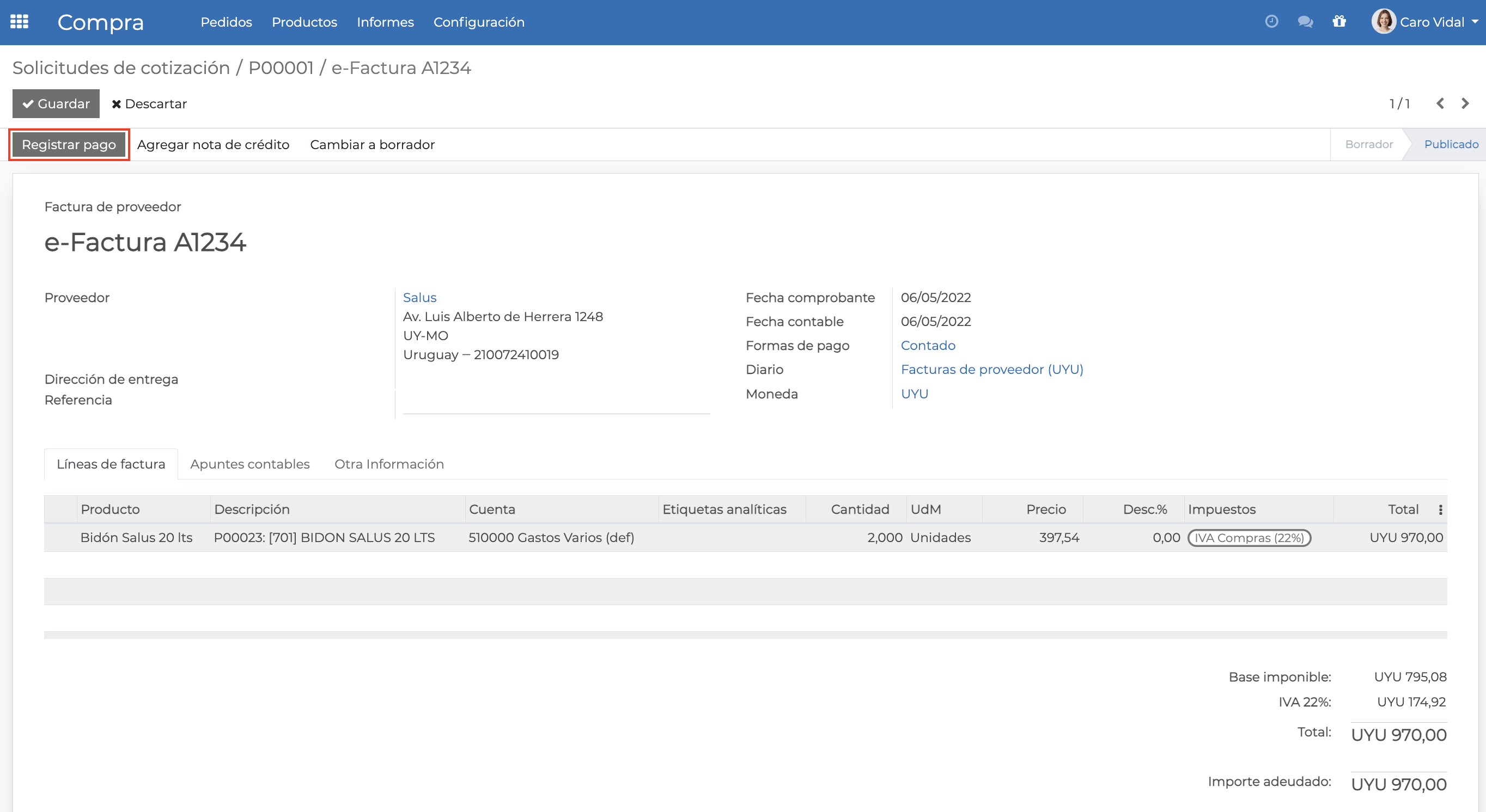 Imagen 4: Registrar pago desde la factura de proveedor con importe adeudado Imagen 4: Registrar pago desde la factura de proveedor con importe adeudado