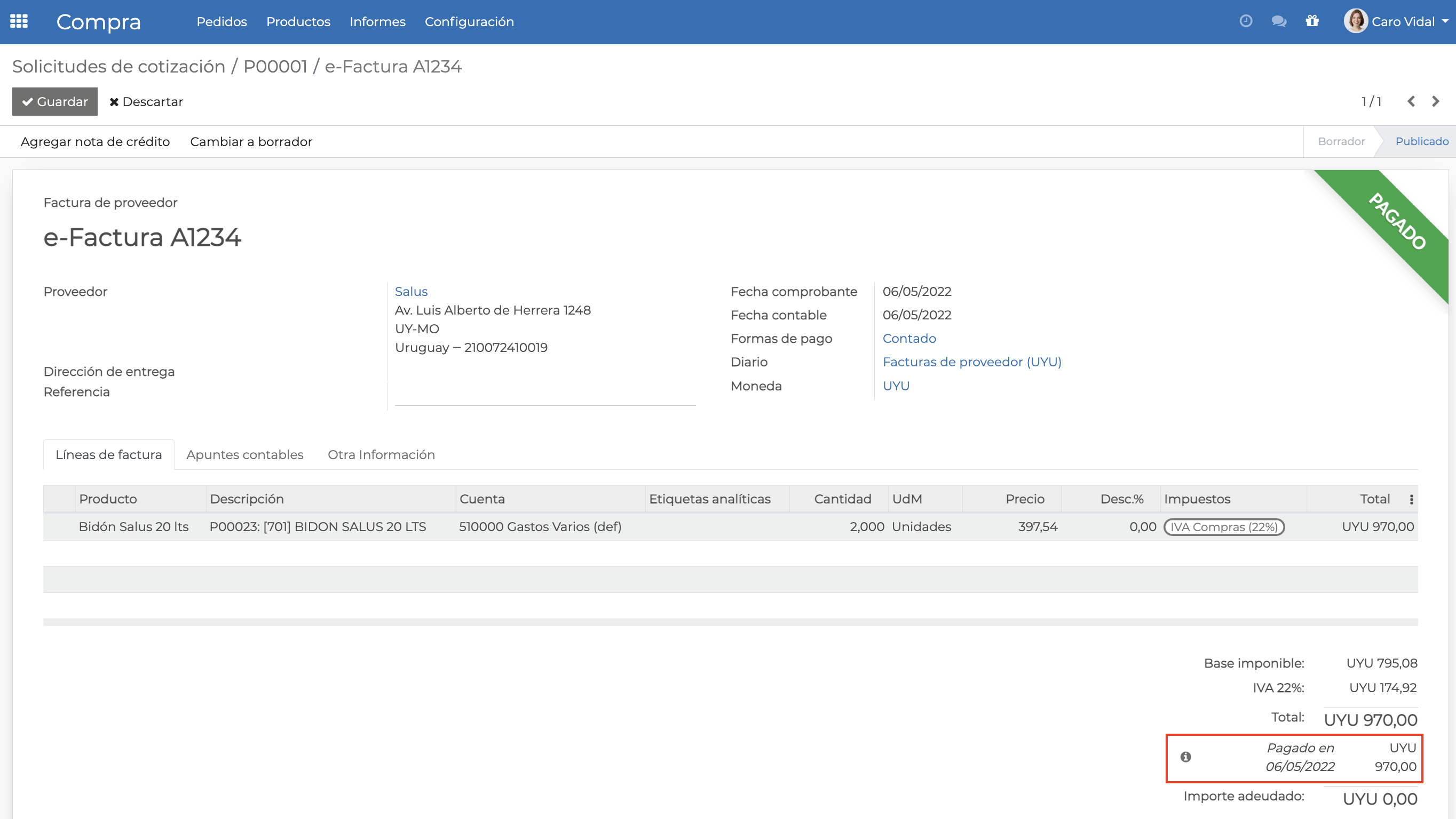 Imagen 6: Factura de proveedor marcada como paga Imagen 6: Factura de proveedor marcada como paga